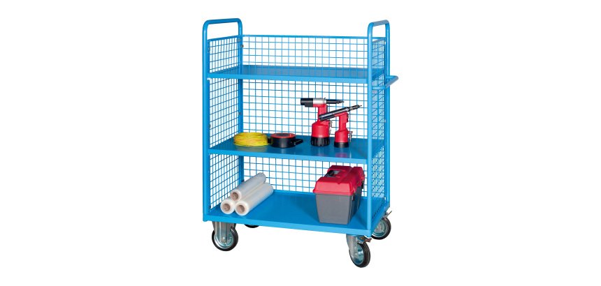 Carrello MG460 03N con 3 sponde in rete e 2 piani in lamiera, 1116 x 694 x 1500 mm