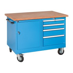 Banco da lavoro monoblocco RXM 120 02 su ruote con cassettiera e vano con ante, 1200 x 700 x 895 mm