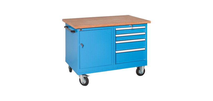 Banco da lavoro monoblocco RXM 120 02 su ruote con cassettiera e vano con ante, 1200 x 700 x 895 mm