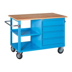 Banco da lavoro monoblocco XLM 120 01 su ruote con 4 cassetti e vano a giorno, 1200 x 700 x 905 mm