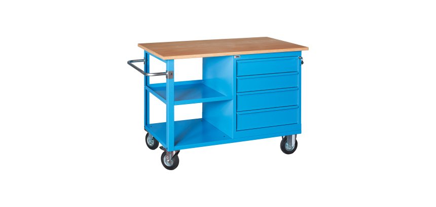 Banco da lavoro monoblocco XLM 120 01 su ruote con 4 cassetti e vano a giorno, 1200 x 700 x 905 mm