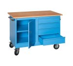 Banco da lavoro monoblocco XLM 120 02 su ruote con 4 cassetti e vano a giorno, 1200 x 700 x 905 mm