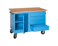 Banco da lavoro monoblocco XLM 120 02 su ruote con 4 cassetti e vano a giorno, 1200 x 700 x 905 mm
