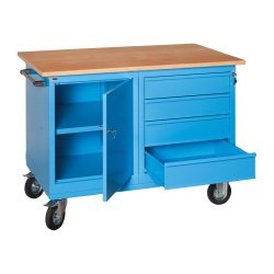 Banco da lavoro monoblocco XLM 120 02 su ruote con 4 cassetti e vano a giorno, 1200 x 700 x 905 mm