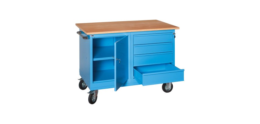 Banco da lavoro monoblocco XLM 120 02 su ruote con 4 cassetti e vano a giorno, 1200 x 700 x 905 mm