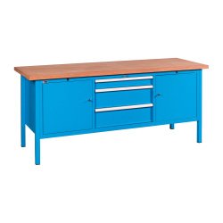 Banco da lavoro BX 200 06 con 3 cassetti e 2 vani con ante, 2000 x 700 x 870 mm