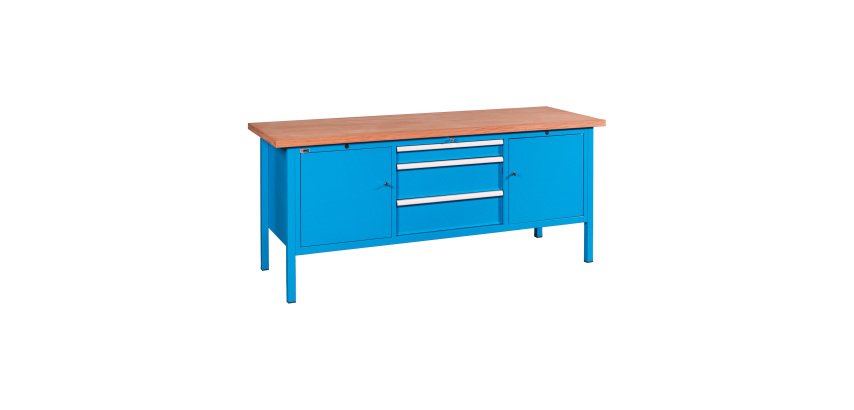 Banco da lavoro BX 200 06 con 3 cassetti e 2 vani con ante, 2000 x 700 x 870 mm