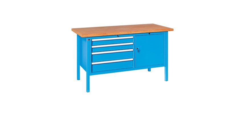 Banco da lavoro BX 150 01 con 4 cassetti e vano con anta, 1500 x 700 x 870 mm