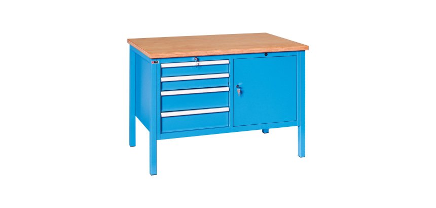 Banco da lavoro BX 120 02 con 4 cassetti e vano con anta, 1200 x 700 x 870 mm