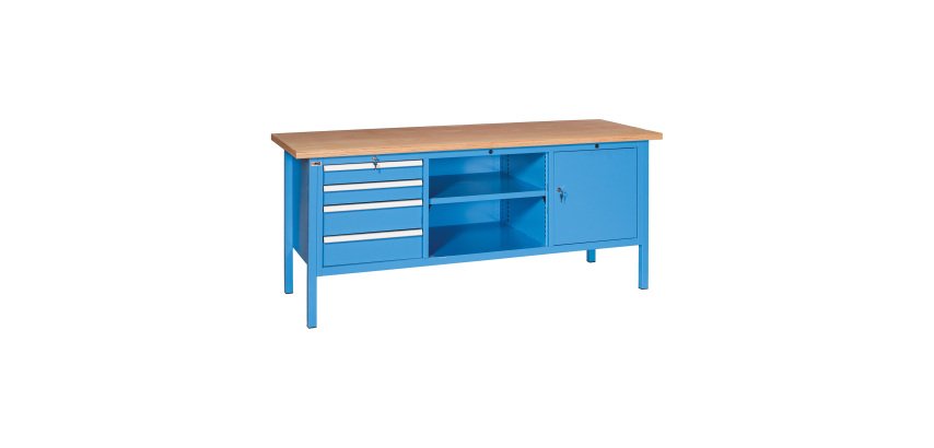 Banco da lavoro BX 200 01 con 4 cassetti, vano a giorno e vano con anta, 2000 x 700 x 870 mm