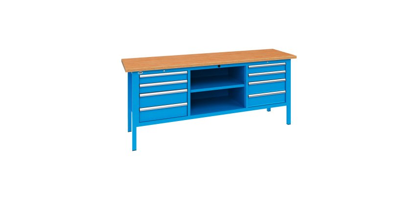 Banco da lavoro BX 200 02 con 8 cassetti e vano a giorno, 2000 x 700 x 870 mm