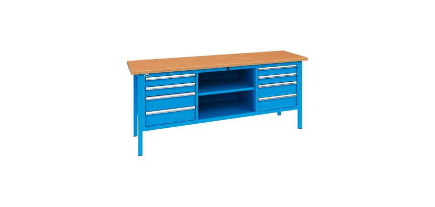 Banco da lavoro BX 200 02 con 8 cassetti e vano a giorno, 2000 x 700 x 870 mm