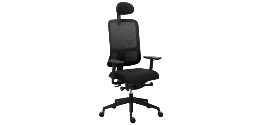 Chaise de bureau ergonomique Sitizen - Mécanisme synchrone avec profondeur d'assise réglable - Tissu et maille - Noir - avec ou sans accoudoirs - Pieds noirs - Appui tête