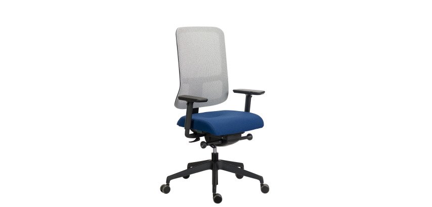 Chaise de bureau ergonomique Sitizen, mécanisme synchrone avec réglage de la profondeur d'assise, tissu non feu et maille, dossier gris, avec ou sans accoudoirs, pieds noirs