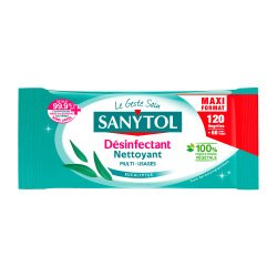 Pack 2 + 1 paquets de 120 lingettes nettoyantes désinfectantes surfaces Sanytol Maxi format Eucalyptus