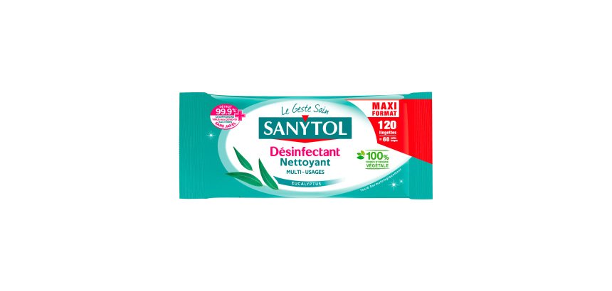 Pack 2 + 1 paquets de 120 lingettes nettoyantes désinfectantes surfaces Sanytol Maxi format Eucalyptus