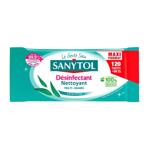 Pack 2 + 1 paquets de 120 lingettes nettoyantes désinfectantes surfaces Sanytol Maxi format Eucalyptus