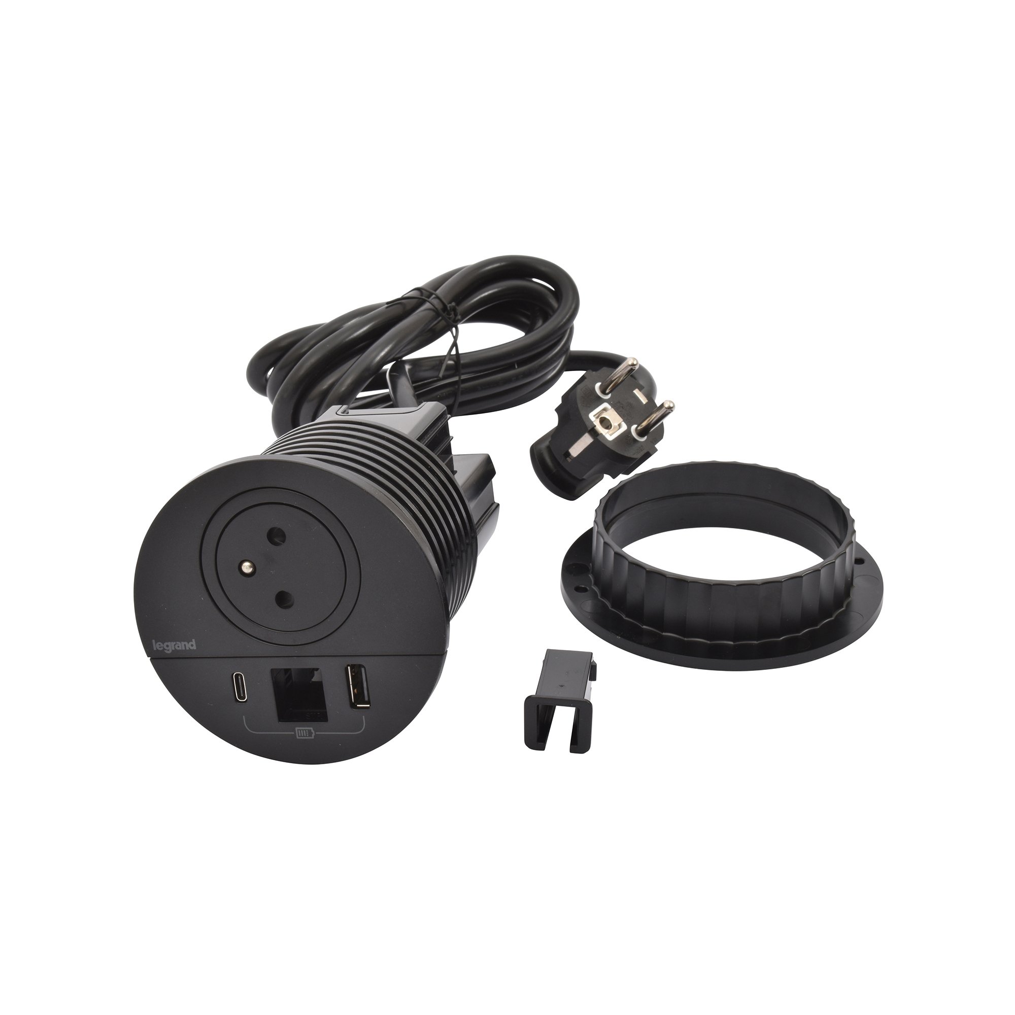 Inbouwstopcontact Incara Disq80 1 stopcontact 2P + T + USB-A - USB-C + kabeldoorvoer zwart
