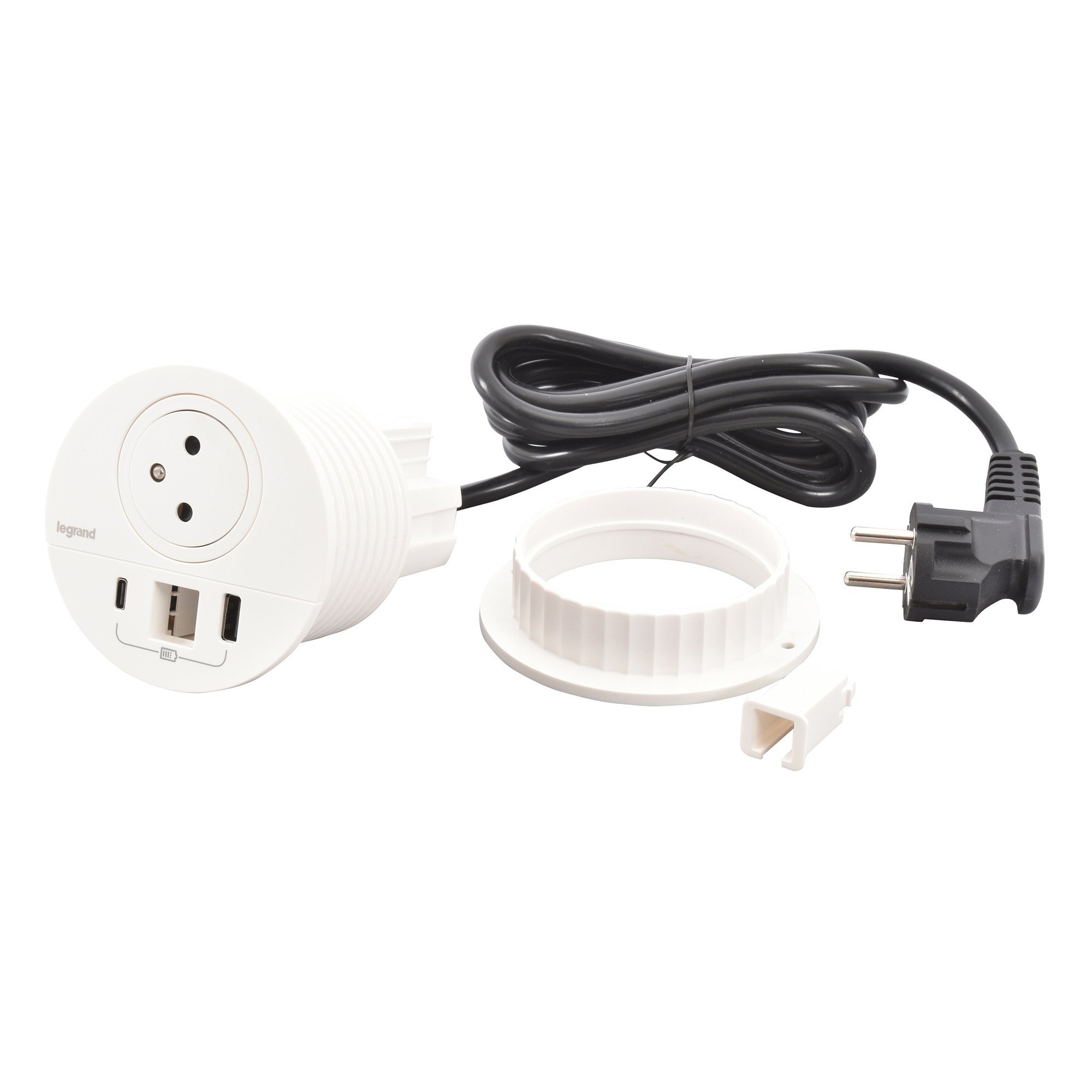 Inbouwstopcontact Incara Disq80 1 stopcontact 2P + T + USB-A - USB-C + kabeldoorvoer wit