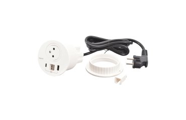 Recessed socket Incara Disq80 1 earthed power outlet + 1 USB-A and 1 USB-C 15W + white cable passthrough.