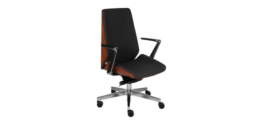 Bürostuhl MOON WOOD ergonomischer Schreibtischstuhl aus Kunstleder, helles Nussbaumfurnier, Synchronmechanik, feste Armlehnen, Aluminiumfüße