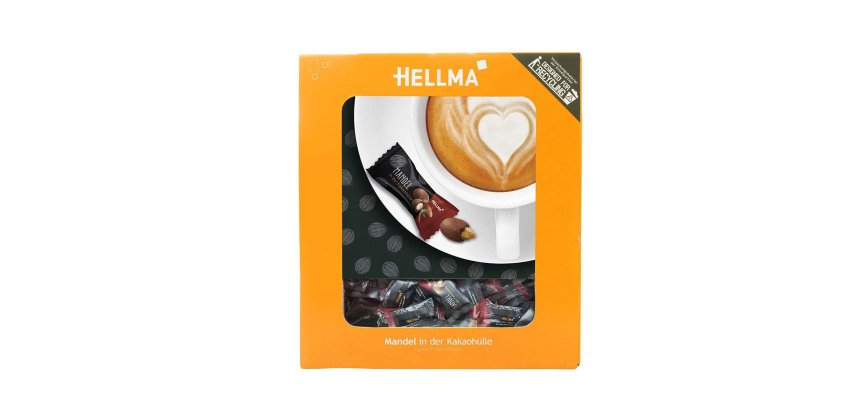 Amandes enrobées de cacao, dans un carton