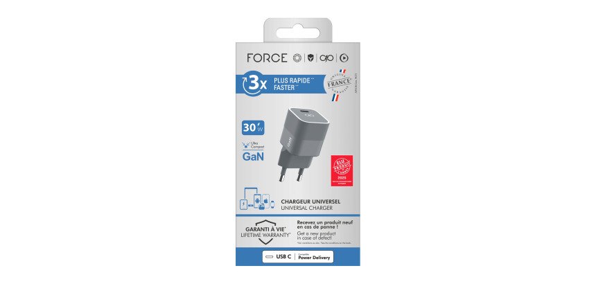 Force Power chargeur USB C 30W Power Delivery GaN gris