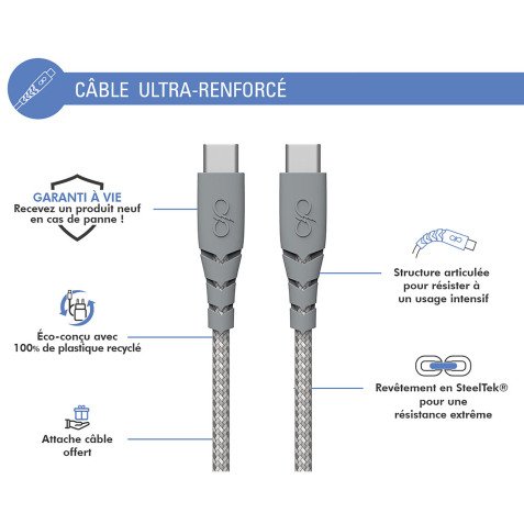 <b>Ultra-reinforced USB C / USB C power cable 3 m gray</b>