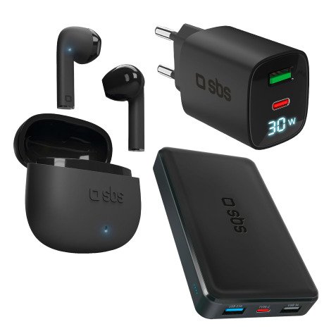 SBS Kit: Auricolari TWS Wireless + Caricatore a muro + PowerBank 10.000 mAh Colore nero