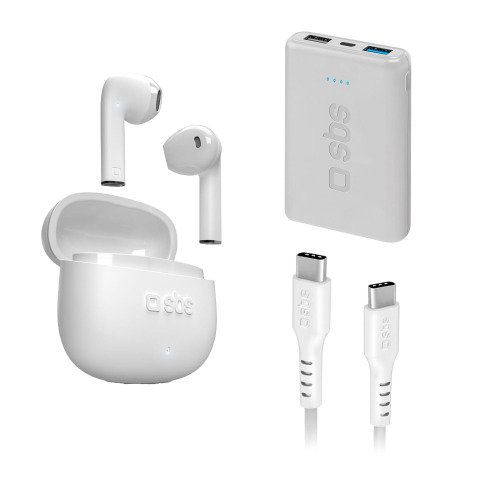 SBS Kit: Cuffie Wireless + Cavi di alimentazione + PowerBank 5.000 mAh Colore biano