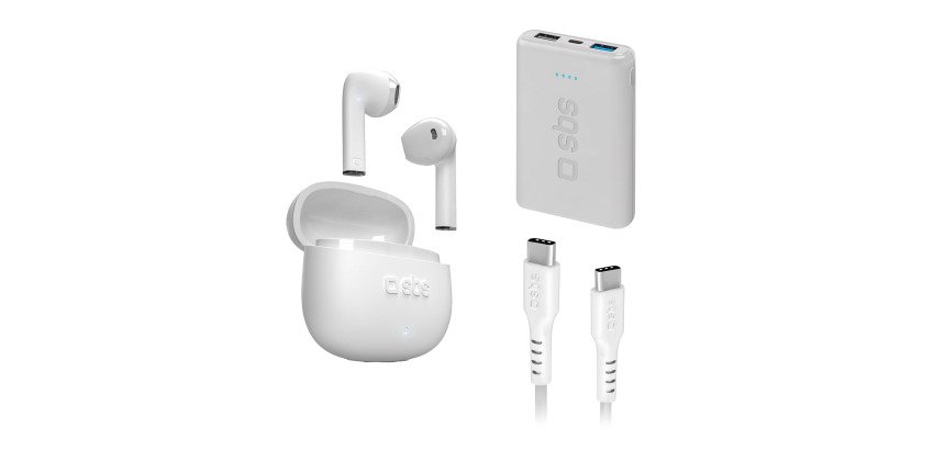 SBS Kit: Cuffie Wireless + Cavi di alimentazione + PowerBank 5.000 mAh Colore biano