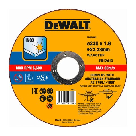 DeWALT DT43909-QZ Disco de corte plano inox con grano profesional de óxido de aluminio Thin Cut 230 x 1.9 x 22.23mm