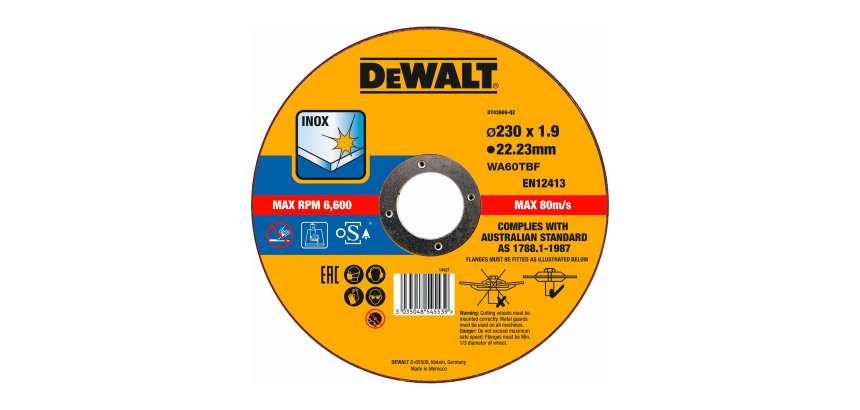DeWALT DT43909-QZ Disco de corte plano inox con grano profesional de óxido de aluminio Thin Cut 230 x 1.9 x 22.23mm