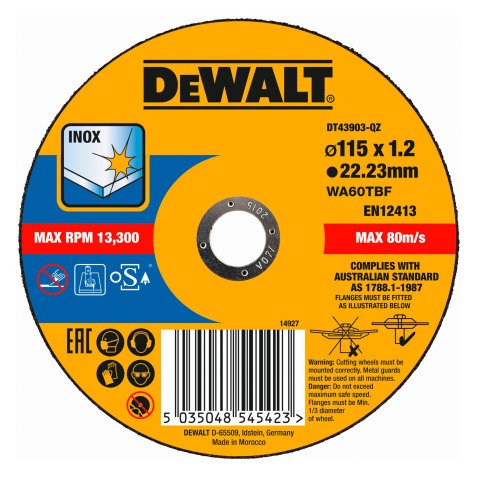 DeWALT DT43903-QZ Disco de corte plano inox con grano profesional de óxido de aluminio Thin Cut 115 x 1.2 x 22.23mm