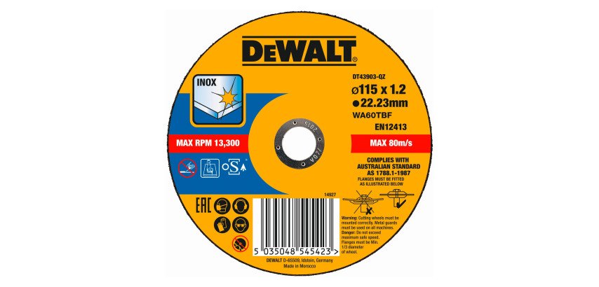 DeWALT DT43903-QZ Disco de corte plano inox con grano profesional de óxido de aluminio Thin Cut 115 x 1.2 x 22.23mm