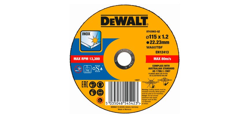 DeWALT DT43903-QZ Disco de corte plano inox con grano profesional de óxido de aluminio Thin Cut 115 x 1.2 x 22.23mm