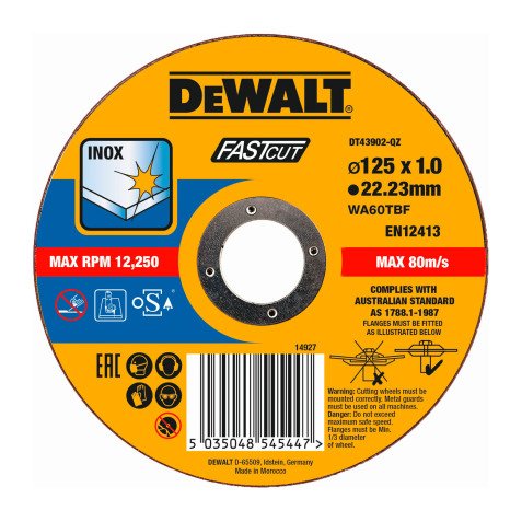 DeWALT DT43902-QZ Disco de corte plano inox con grano profesional de óxido de aluminio Fast Cut 125 x 1 x 22.23mm