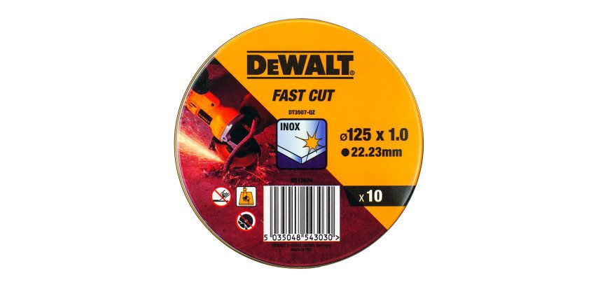 DeWALT DT3507-QZ Lata con 10 discos de corte de alto desempeño para acero inox 125 x 1 x 22.23mm