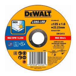 DeWALT DT43906-QZ Disco de corte plano inox con grano profesional de óxido de aluminio Long Life 125 x 1.6 x 22.23mm