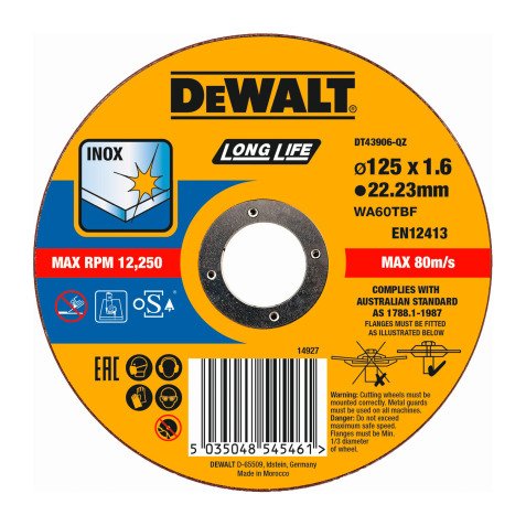 DeWALT DT43906-QZ Disco de corte plano inox con grano profesional de óxido de aluminio Long Life 125 x 1.6 x 22.23mm