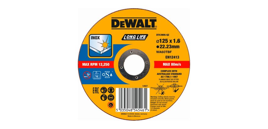 DeWALT DT43906-QZ Disco de corte plano inox con grano profesional de óxido de aluminio Long Life 125 x 1.6 x 22.23mm