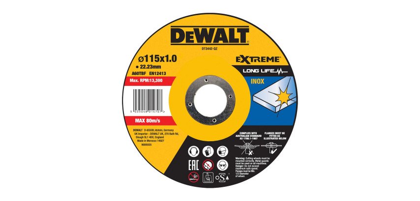 DeWALT DT3442-QZ Disco de corte plano EXTREME® Fast Cut para inox con grano industrial de óxido de aluminio 115 x 1 x 22.23mm