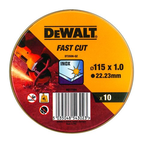 DeWALT DT3506-QZ Lata con 10 discos de corte de alto desempeño para acero inox 115 x 1 x 22.23mm