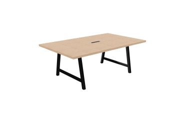 Vergadertafel Synergy L 200 x D 120 x H 74 cm met verzonken elektrische unit, zwarte metalen voet.