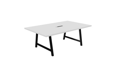 Vergadertafel Synergy L 200 x D 120 x H 74 cm met verzonken elektrische unit, zwarte metalen voet.