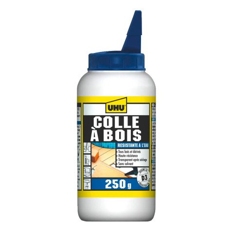 Colle bois resistante à l'eau, pour l'intérieur et l'extérieur UHU D3 - Flacon de 250 g