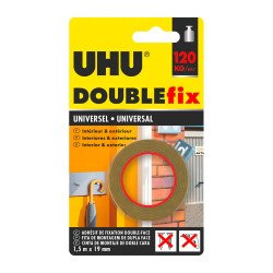 Ruban adhésif double-face Doublefix UHU ultra fort universel - 19 mm x 1,5 m - Résistance 120 kg
