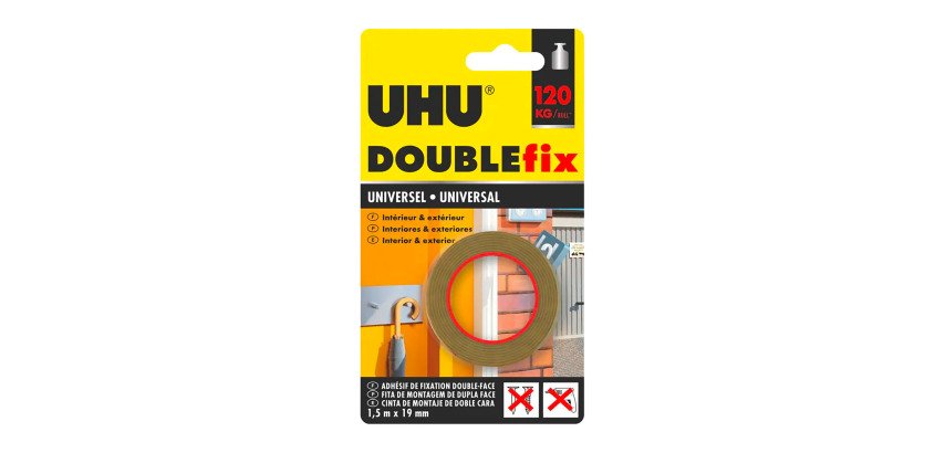 Double-sided adhesive tape Doublefix UHU ultra strong universal - 19 mm x 1.5 m - Load capacity 120 kg