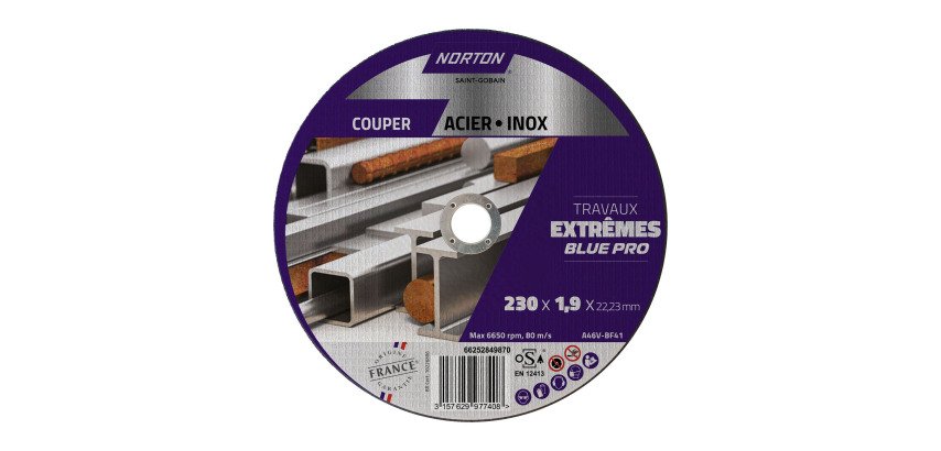 Disque à tronçonner fin pour métal/inox Norton Travaux Extremes 230 x 1,9 x 22,23 mm
