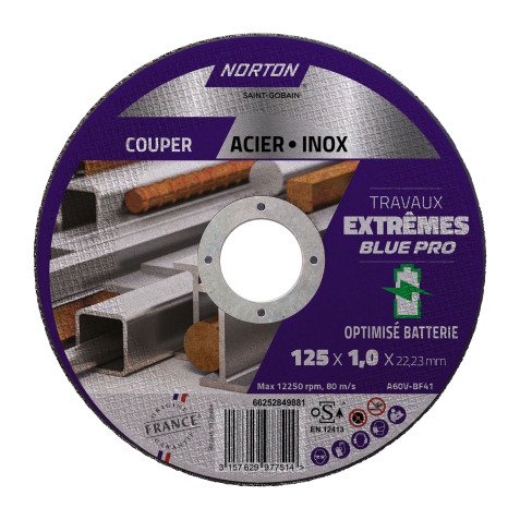 Disque à tronçonner fin pour métal/inox Norton Travaux Extremes 125 x 1 x 22,23 mm